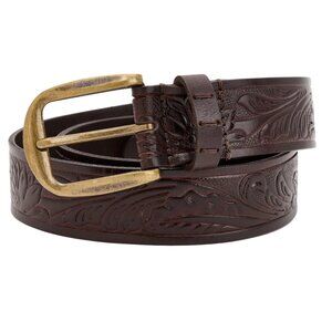 Brown Embossed Leather Belt with Gold Buckle